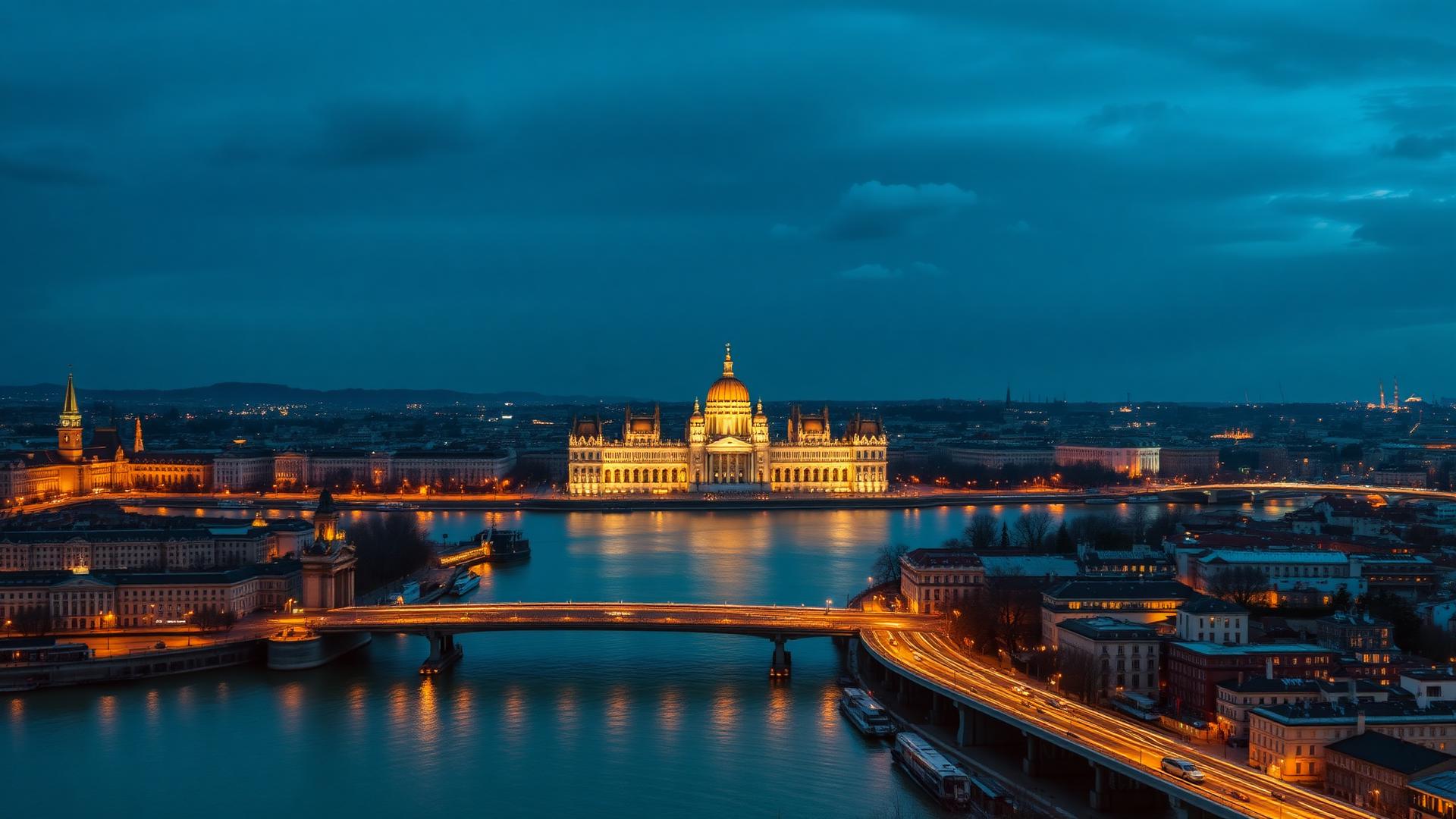 Budapest skyline at blue hour